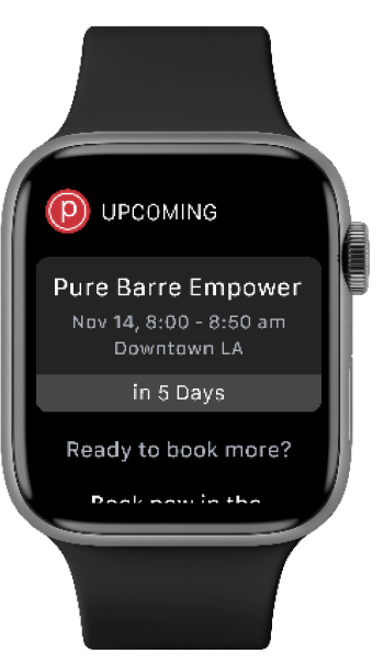 Apple watch displaying upcoming Pure Barre class