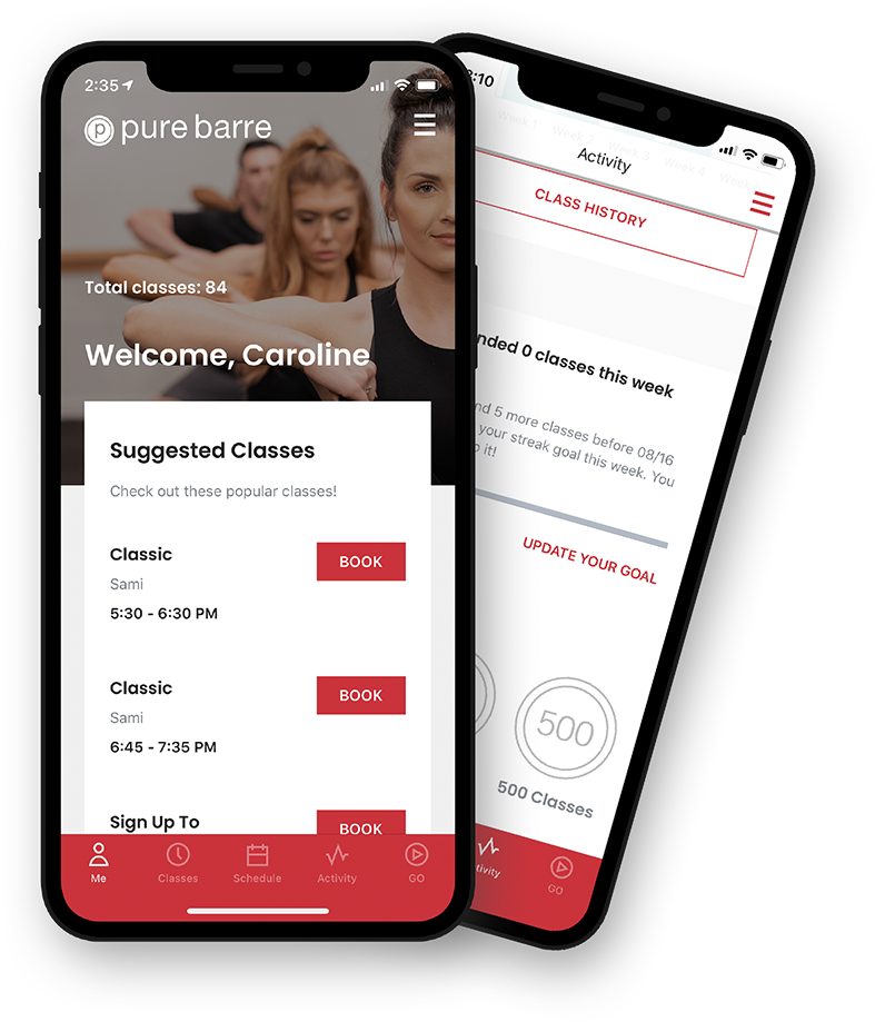 Two cell phones displaying Pure Barre app